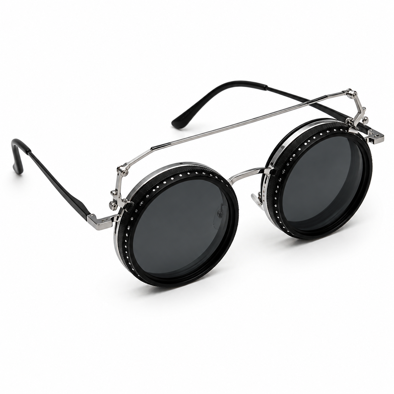 Vintage Round Flip-Up Steampunk Sunglasses | Retro UV Protection Fashion Glasses for Men & Women (Black)